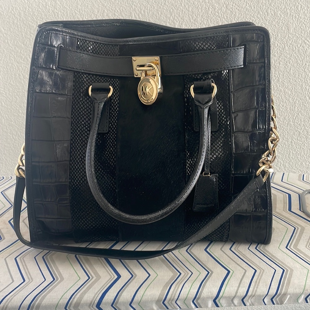 Michael Kors Hamilton Crocodile and Fur Black Handbag